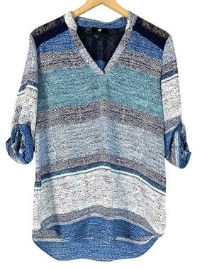 Women’s iZ Byer Vneck 3/4 Sleeve Blouse in Gray Blue and Black Size Extra Large